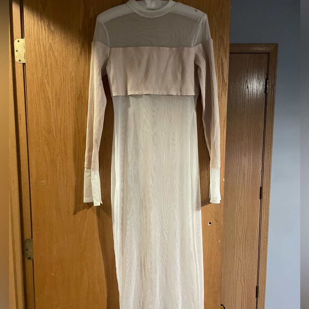 Fashion Nova Cream Long Sleeve Sheath Dress
